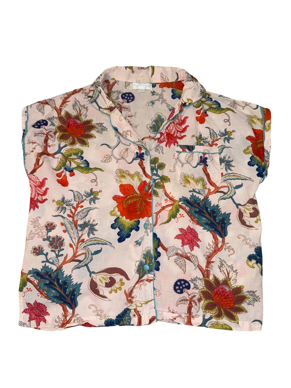 Powell Craft Floral Cotton Pajama Top M/L Pink Botanical Short Sleeve Button Up